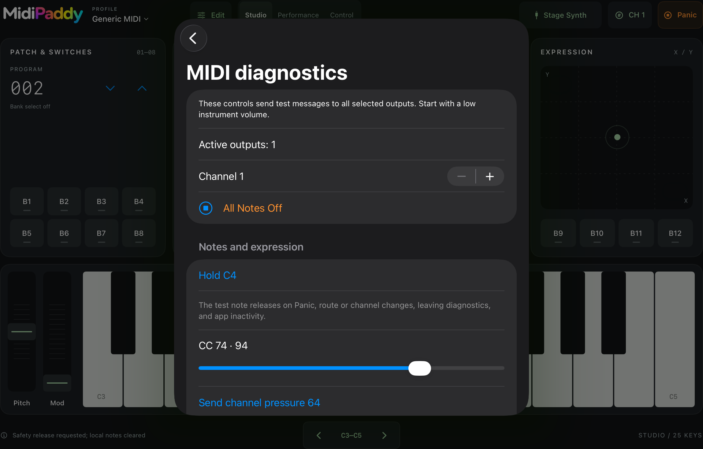 MidiPaddy MIDI diagnostics on iPad, showing output count, All Notes Off and test controls