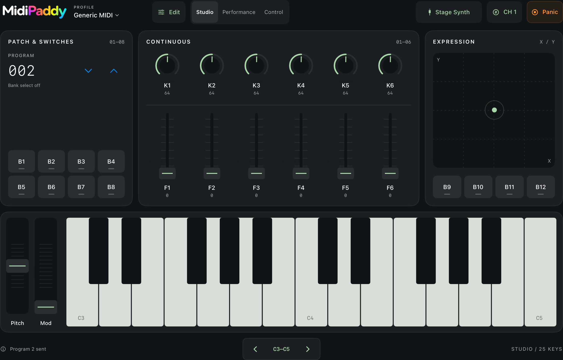 MidiPaddy Studio on iPad with piano, knobs, faders, octave selector and program arrows