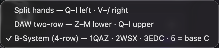 Mac keyboard layout menu offering Split hands, DAW two-row and B-System four-row
