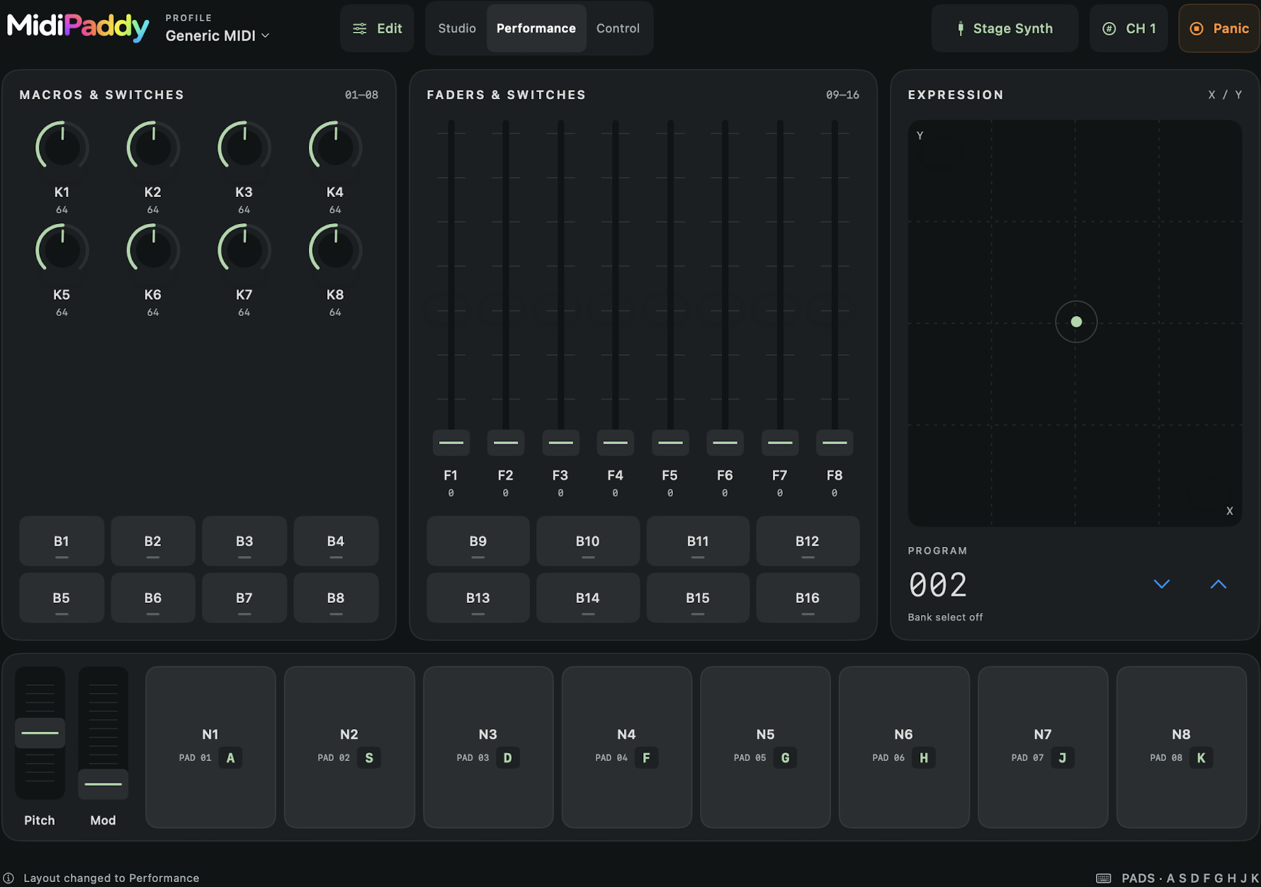 MidiPaddy Performance on Mac with eight pads labeled A S D F G H J K