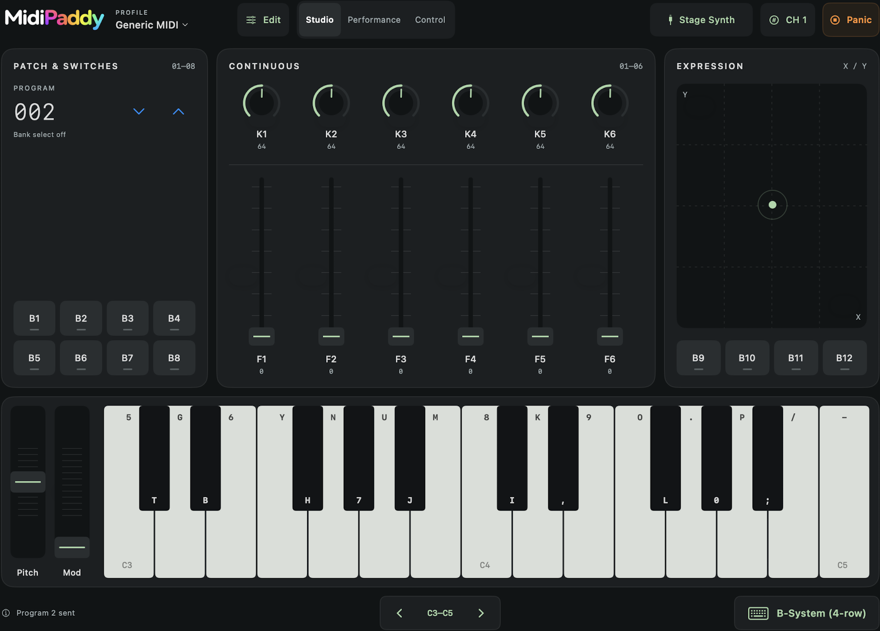 MidiPaddy Studio on Mac with B-System piano key labels and the keyboard layout selector